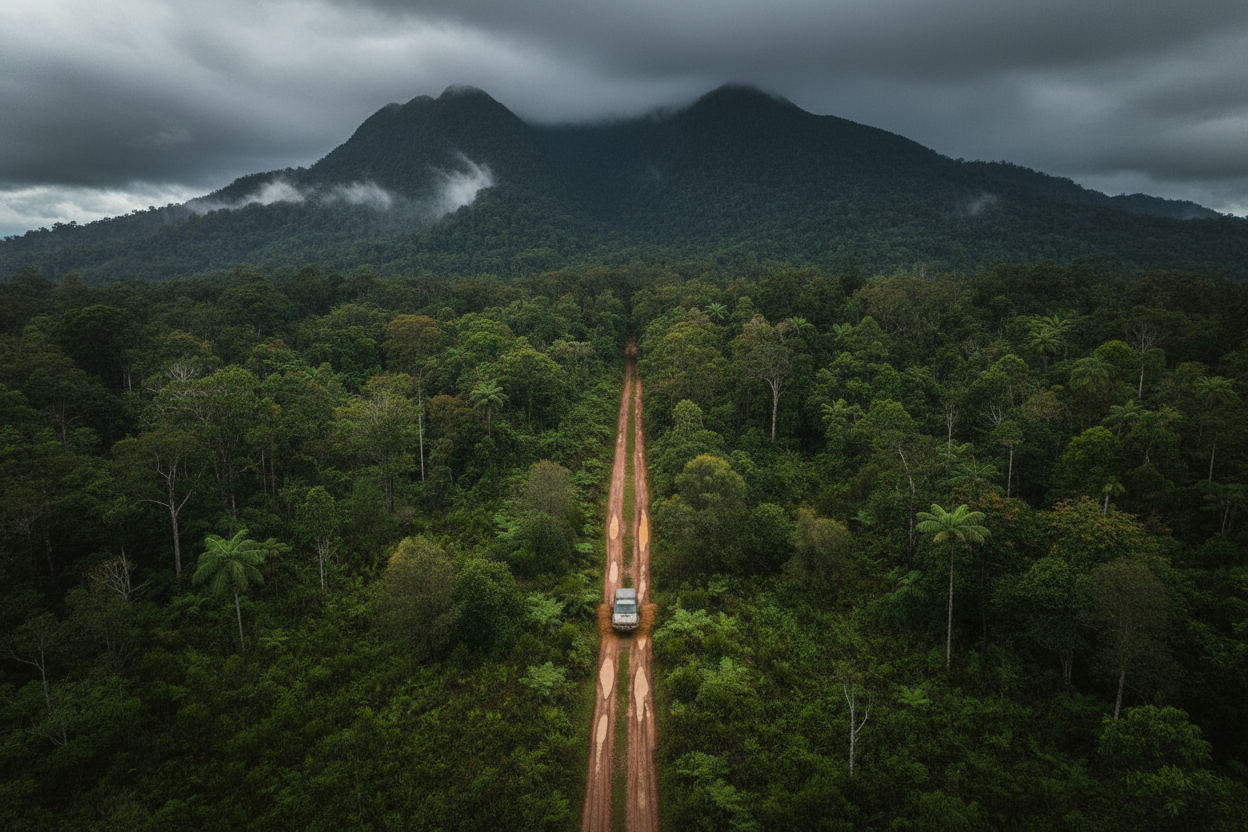 4x4 driving into green mountains drone shot